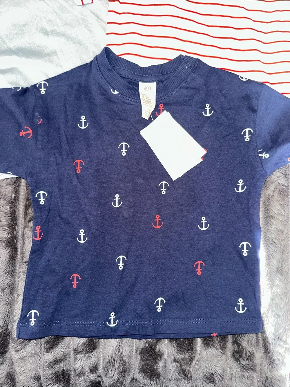 H&M baby boy Navy Anchor Tee, Red-Striped White Tee & Light Blue Tee - 3-Pack